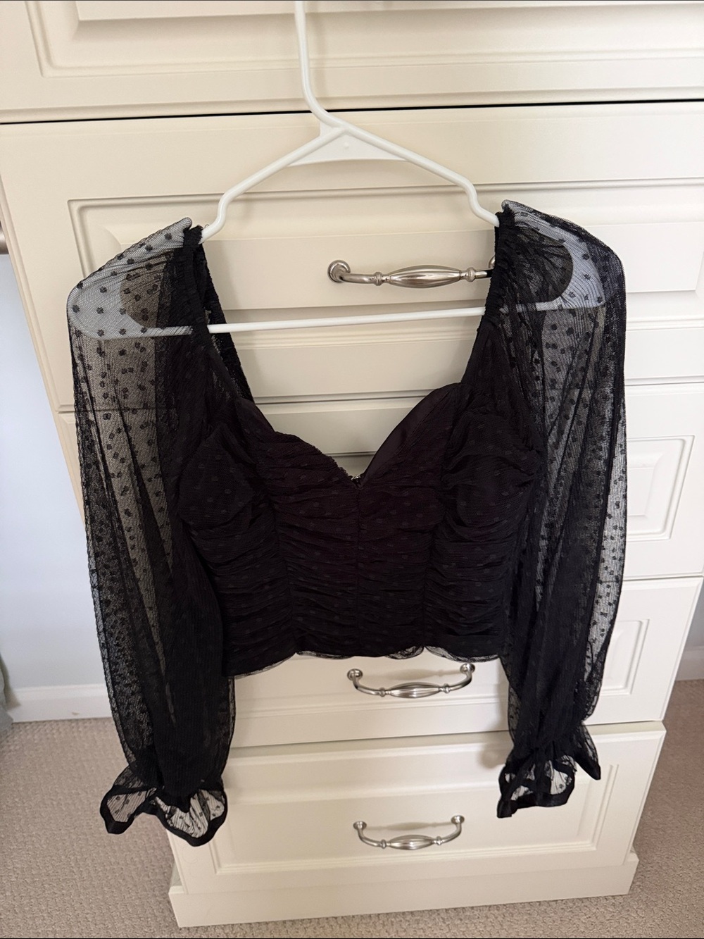 Sheer Black Polka Dot Puff Sleeve Crop Top